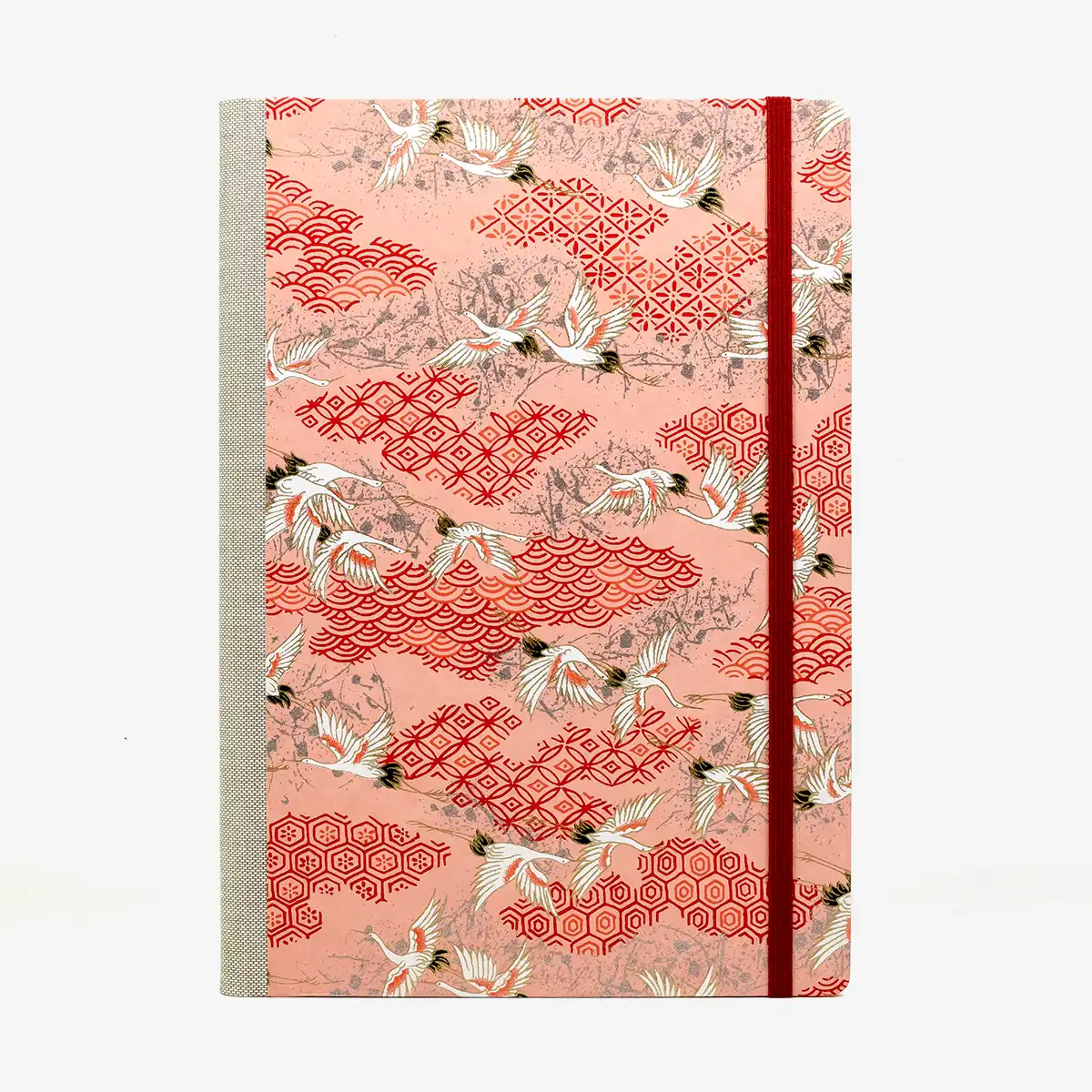 Wochenplaner-17x24cm-cover-Chiyogami-Motiv-Kraniche-weiss-auf-rot-rosa-von-vorn