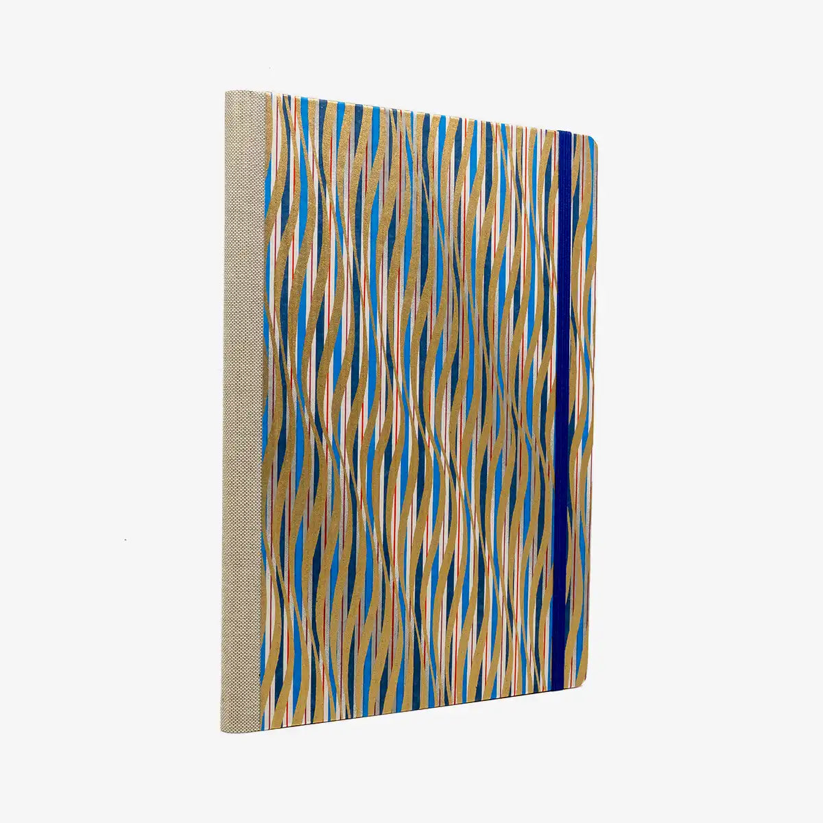 Wochenplaner-17x24cm-cover-Chiyogami-Motiv-gewellte-Striche-blau-rot-gold-seitlich-von-hinten