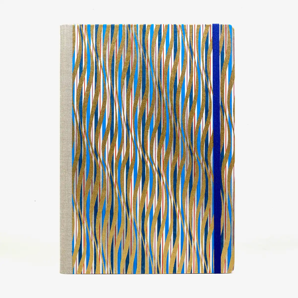 Wochenplaner-17x24cm-cover-Chiyogami-Motiv-gewellte-Striche-blau-rot-gold-von-vorn
