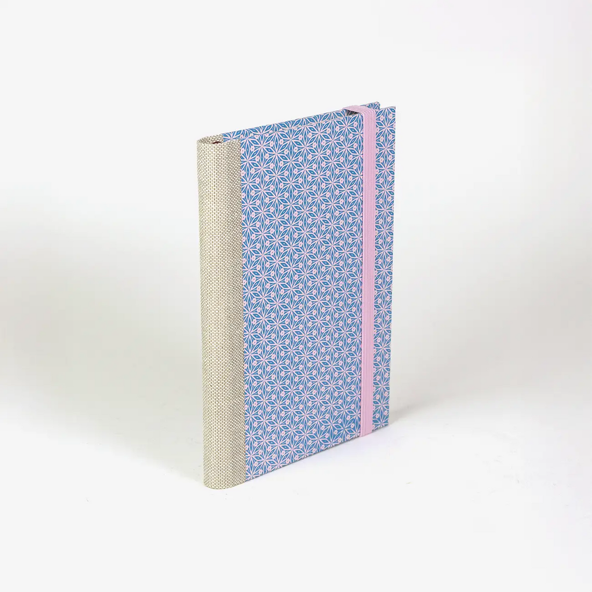 Wochenplaner-2026-blaupause-format-9x13cm-bezogen-mit-Siebdruckpapier-Muster-blau-auf-pink-Produktansicht-cover-seitlich-hinten