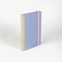 Wochenplaner-2026-blaupause-format-9x13cm-bezogen-mit-Siebdruckpapier-Muster-blau-auf-pink-Produktansicht-cover-seitlich-hinten