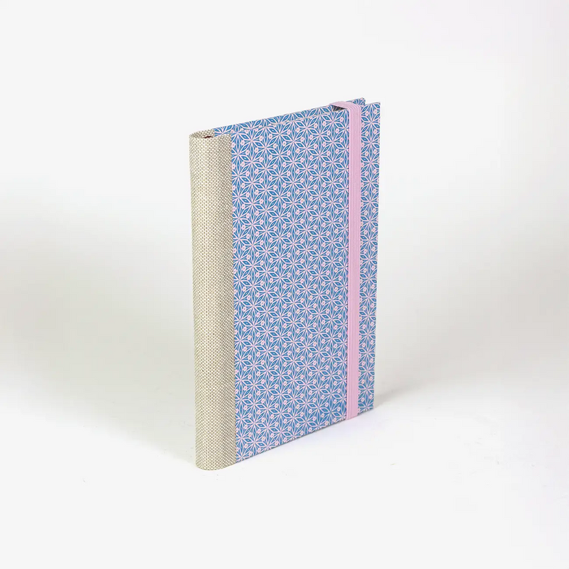 Wochenplaner-2026-blaupause-format-9x13cm-bezogen-mit-Siebdruckpapier-Muster-blau-auf-pink-Produktansicht-cover-seitlich-hinten