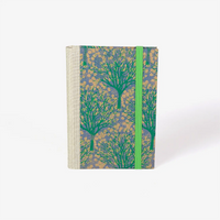 Wochenplaner-2026-blaupause-format-9x13cm-bezogen-mit-Siebdruckpapier-baeume-gruen-auf-braun-Produktansicht-cover-vorn