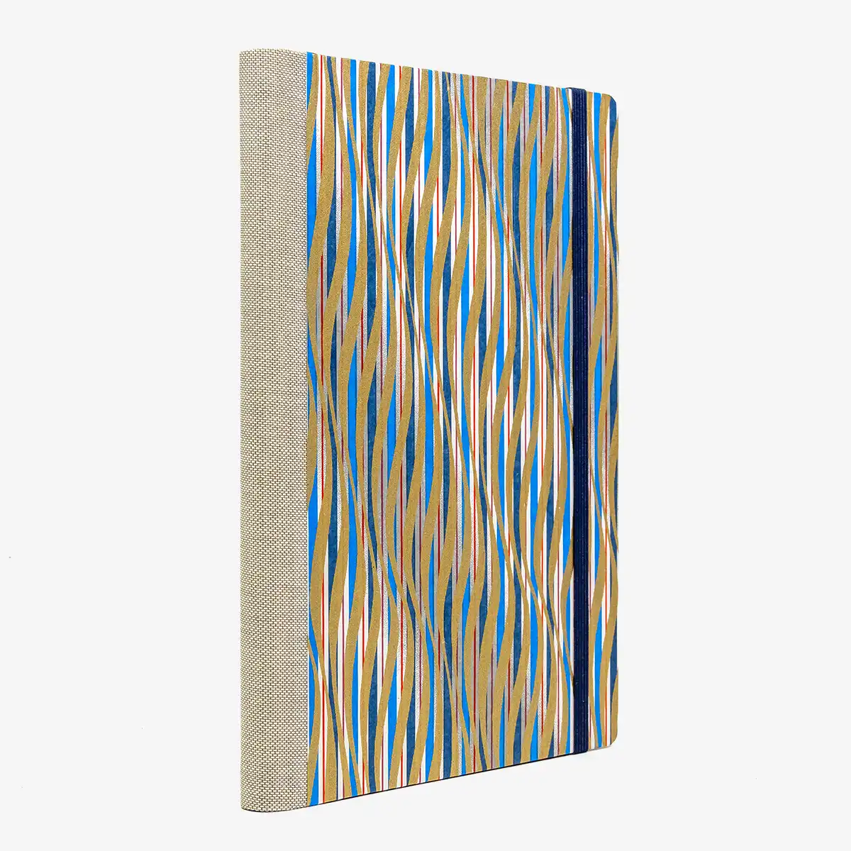 Wochenplaner-2027-A5-klassisch-cover-Chiyogami-Motiv-gewellte-linien-rot-gold-blau-seitlich-von-hinten