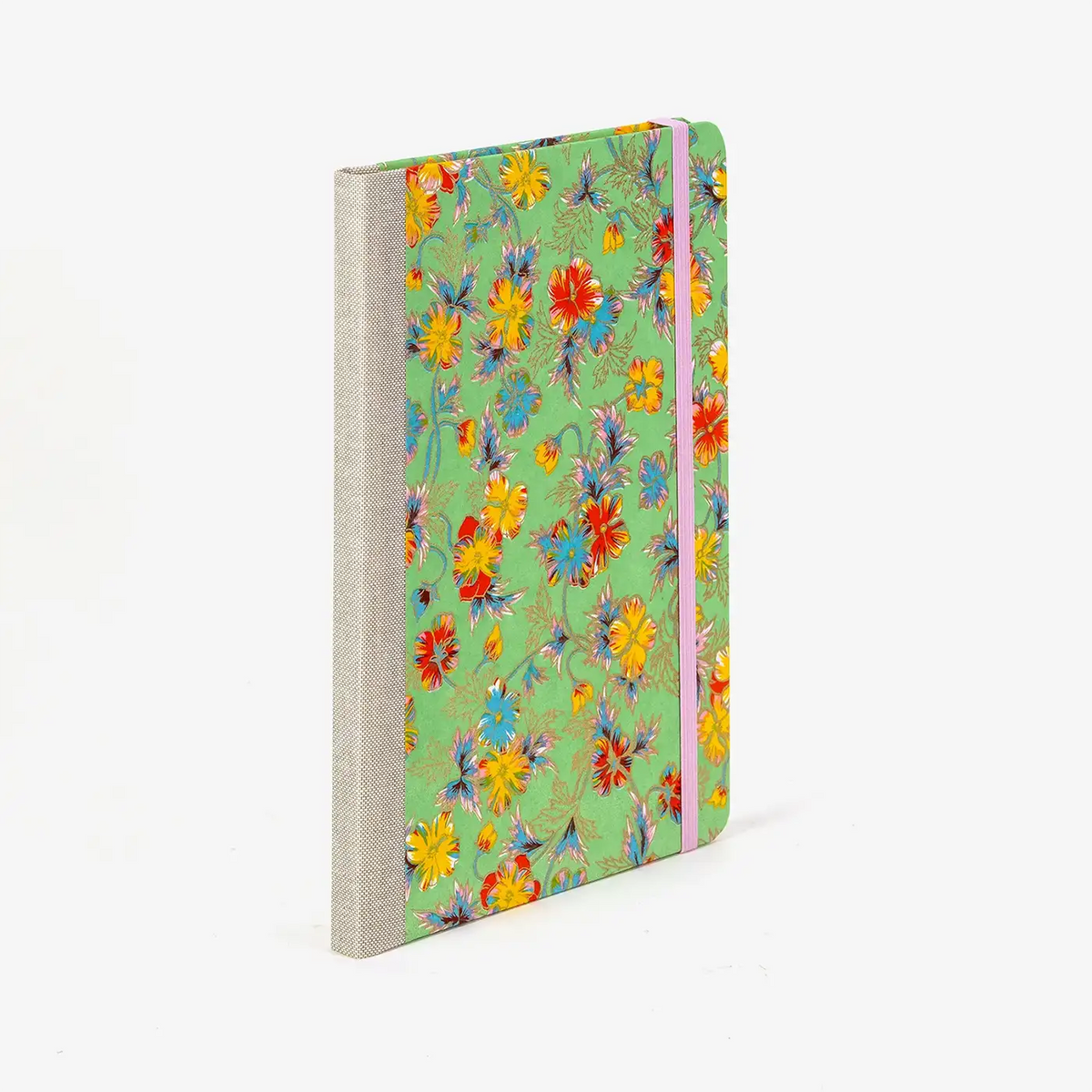 Wochenplaner-A5-2025-Chiyogami-uebiges-Blumenornament-multicolour-auf-gruen-cover-seitlich-hinten