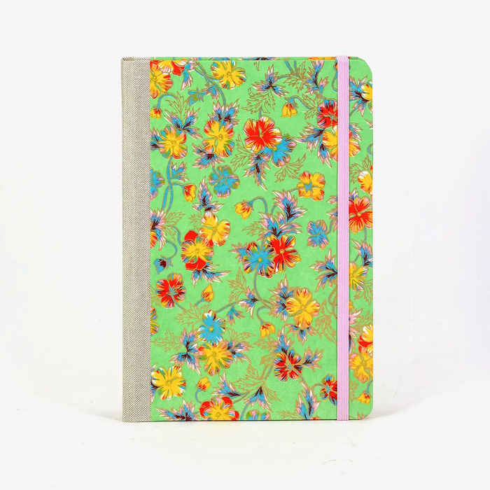 Wochenplaner-A5-2025-Chiyogami-uebiges-Blumenornament-multicolour-auf-gruen-cover-vorn-1