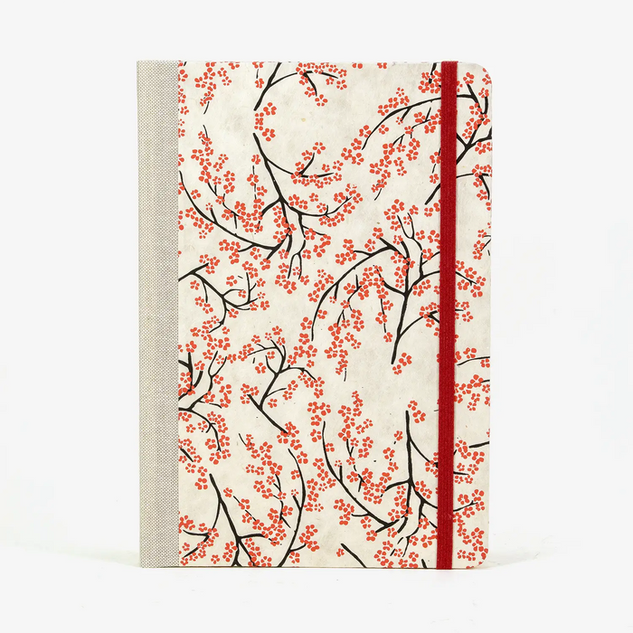 Wochenplaner-A5-2025-Lokta-PApier-Japanische-Kirschblueten-rot-auf-nature-cover-vorn