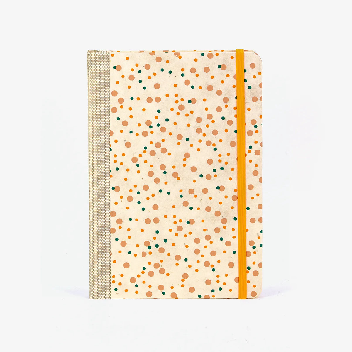 Wochenplaner-A5-2025-Lokta-PApierpolkadots-mehrfarbig-auf-natur-cover-vorn
