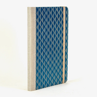 Wochenplaner-A5-2025-japanisches-LAckpapier-Dots-dreieck-beige-auf-blau-cover-seitlich-hinten