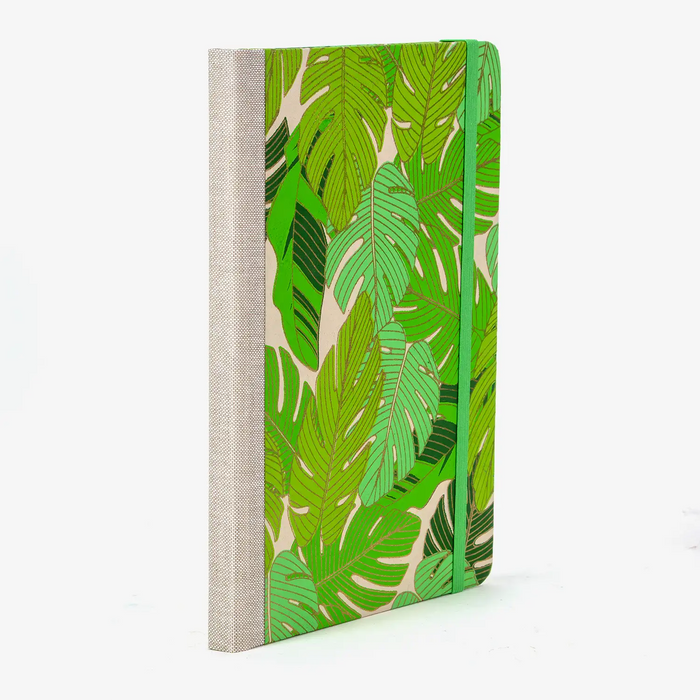 Wochenplaner-A5-2025-recy-Siebdruckpapier-Monstera-gruen-cover-seitlich-hinten