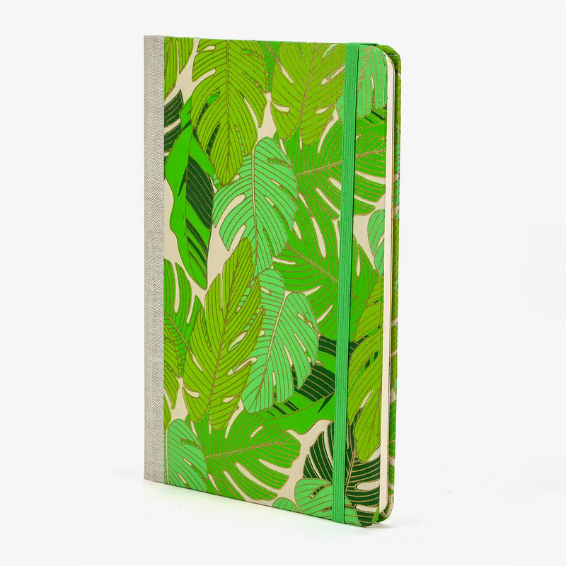 Wochenplaner-A5-2025-recy-Siebdruckpapier-Monstera-gruen-cover-seitlich-vorn