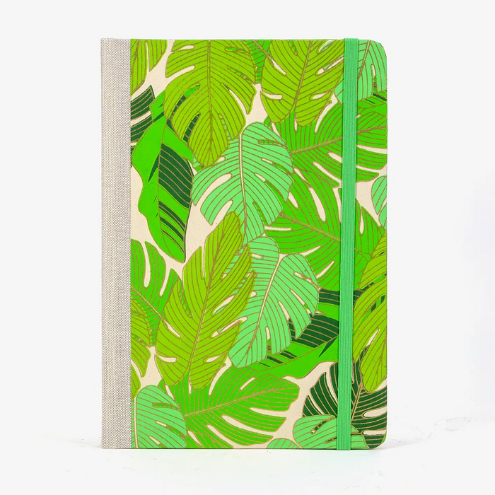 Wochenplaner-A5-2025-recy-Siebdruckpapier-Monstera-gruen-cover-vorn