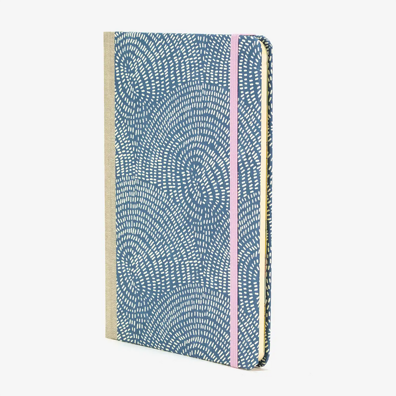 Wochenplaner-A5-2025-recy-Siebdruckpapier-dots-ornament-blau-cover-seitlich-vorn