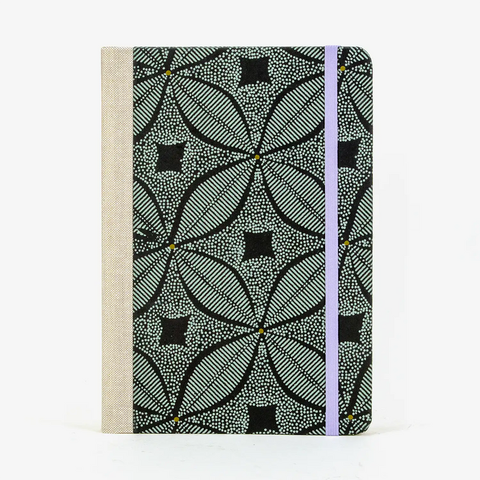 Wochenplaner-A5-2025-recy-Siebdruckpapier-muster-mint-auf-schwarz-cover-vorn
