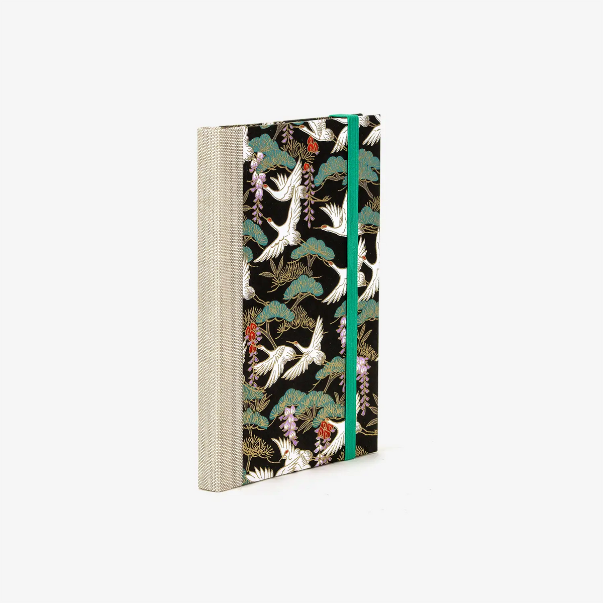 Wochenplaner-A6-2025-Chiyogami-Kraniche-Weiss-auf-schwarz-cover-ansicht-seitlich-hinten