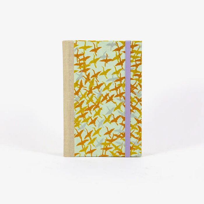 Wochenplaner-A6-2025-Chiyogami-Kraniche-gold-kupfer-silber-auf-mint-cover-ansicht-vorn