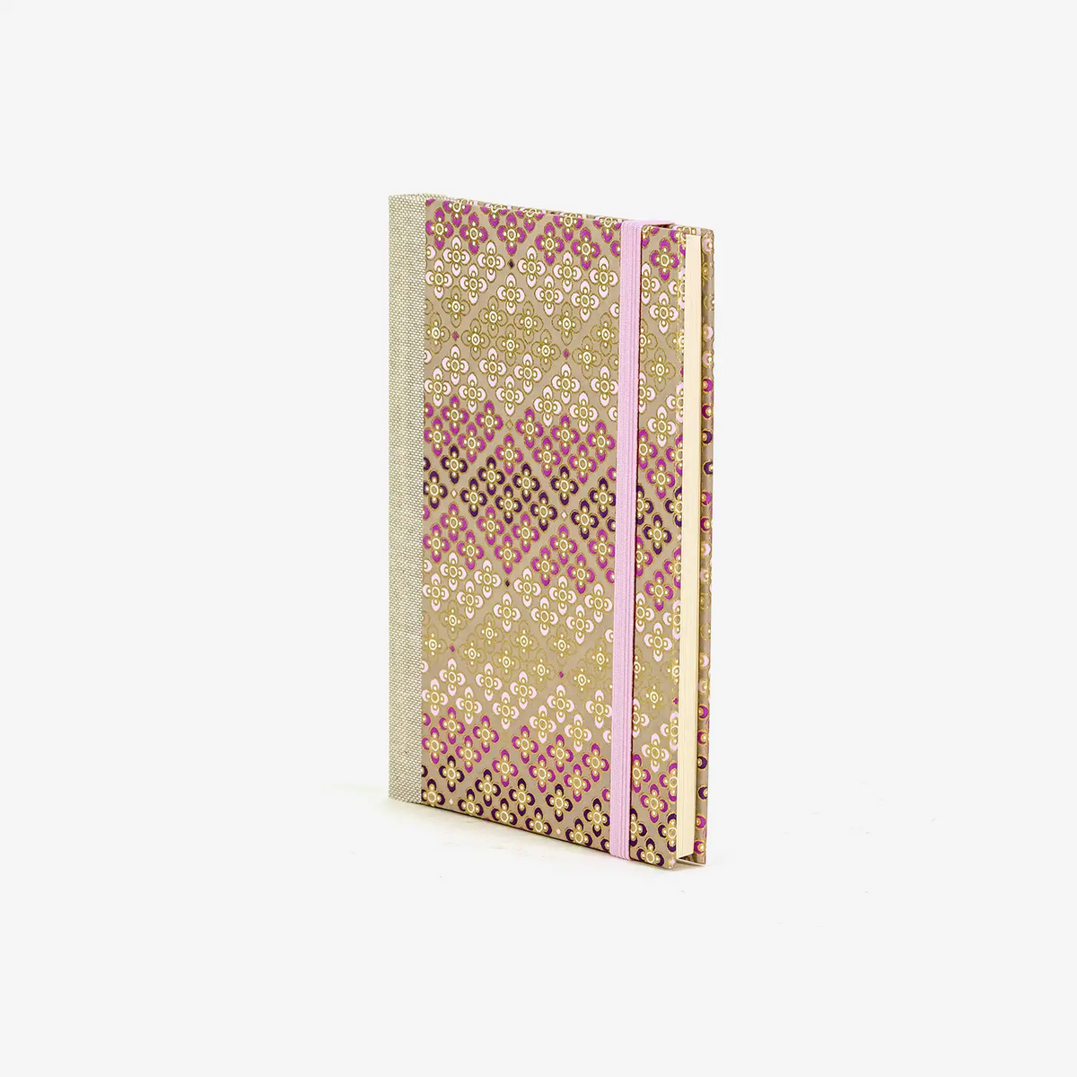 Wochenplaner-A6-2025-Chiyogami-PAttern-Blumen-pinkfarben-gold-cover-ansicht-seitlich-vorn