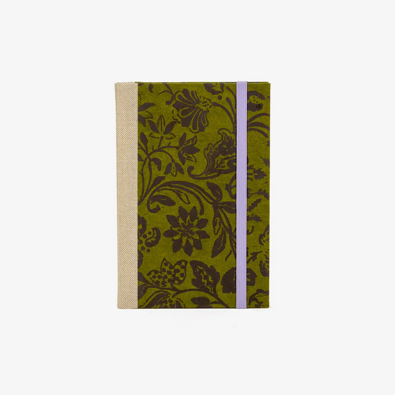 Wochenplaner-A6-2025-Loktapapier-blumenornament-braun-auf-gruen-cover-ansicht-vorn