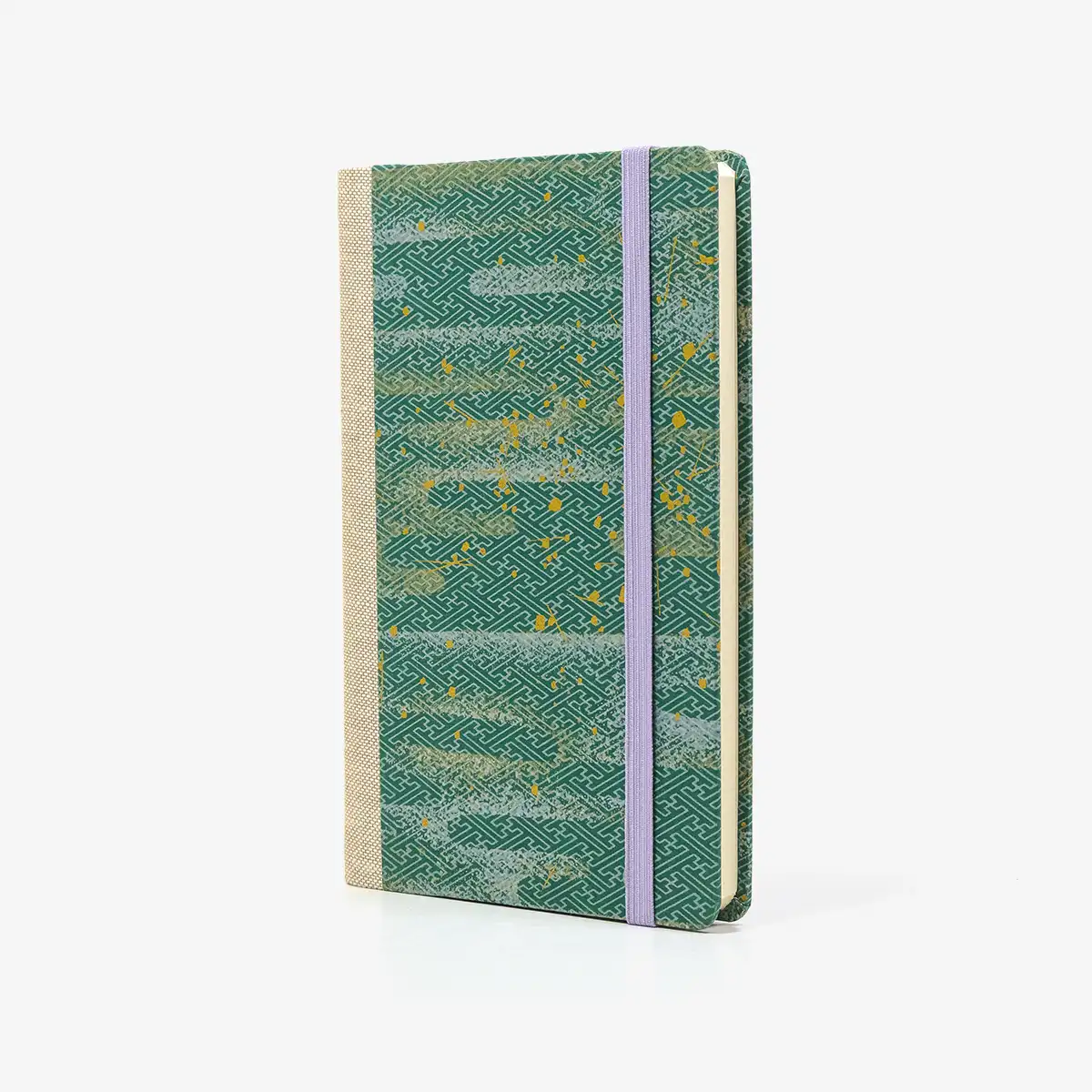 Wochenplaner-A6-design-Chiyogami-Papier-Space-is-the-Place-gruen-silber-seitlich-von-vorn
