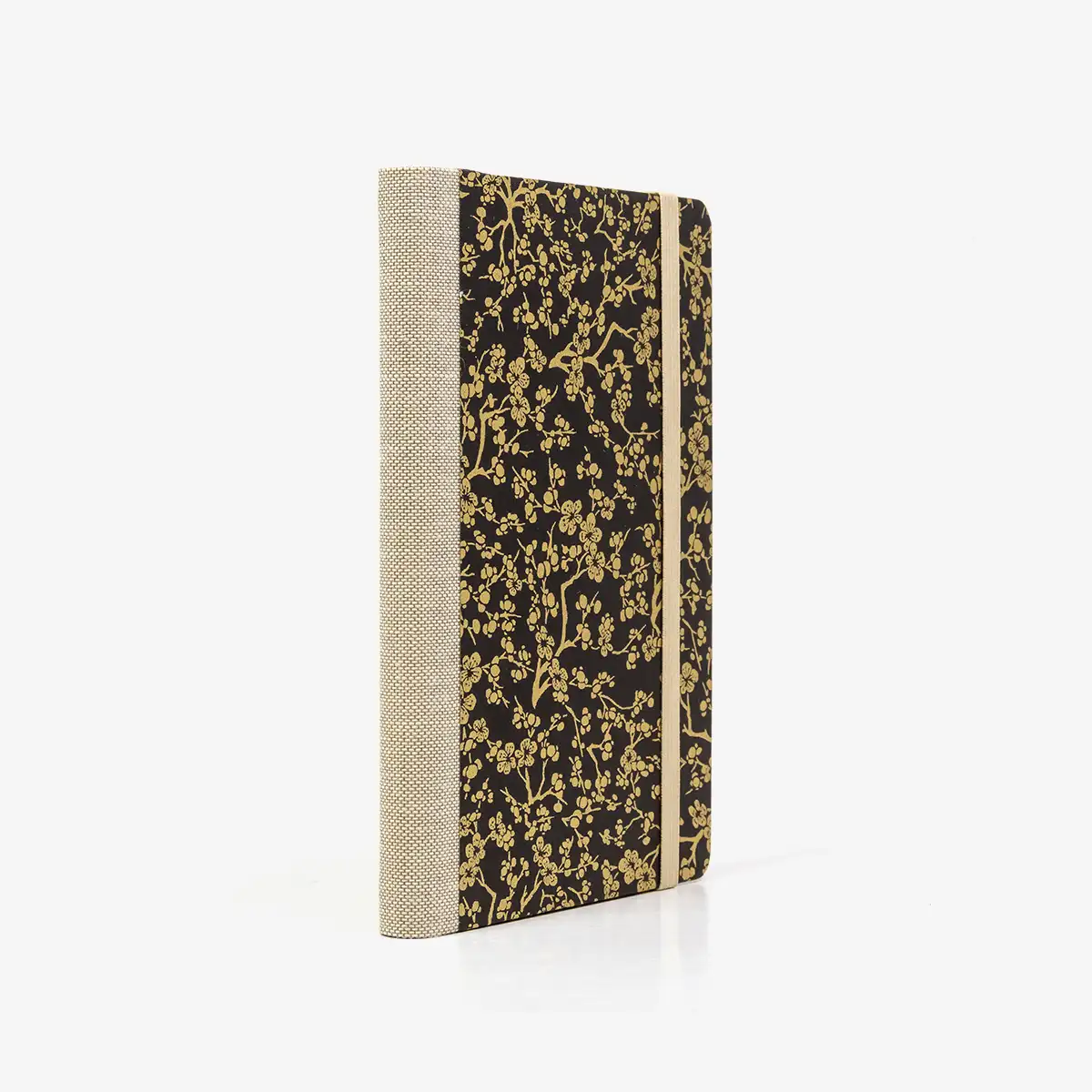 Wochenplaner-A6-design-Chiyogami-Papier-goldene-Kirschblueten-auf-schwarz-seitlich-von-hinten