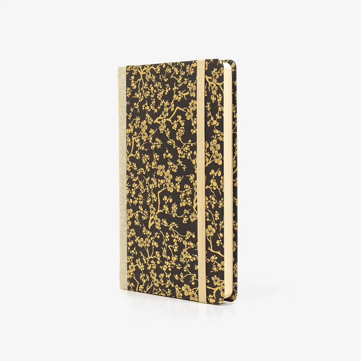 Wochenplaner-A6-design-Chiyogami-Papier-goldene-Kirschblueten-auf-schwarz-seitlich-von-vorn