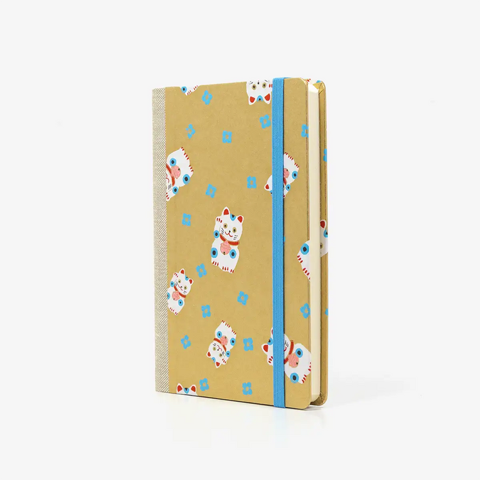 Wochenplaner-A6-design-Chiyogami-Papier-winkekatze-gold-seitlich-von-vorn