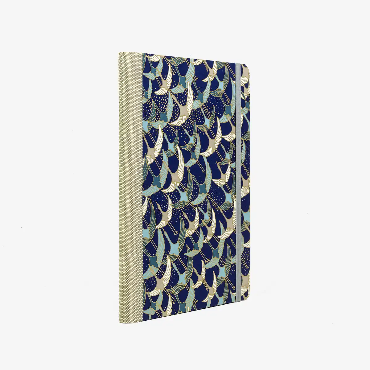 Wochenplaner-Format-A5-cover-Chiyogami-papier-Motiv-Kraniche-weiss-grau-blau-cover-seitlich-von-hinten