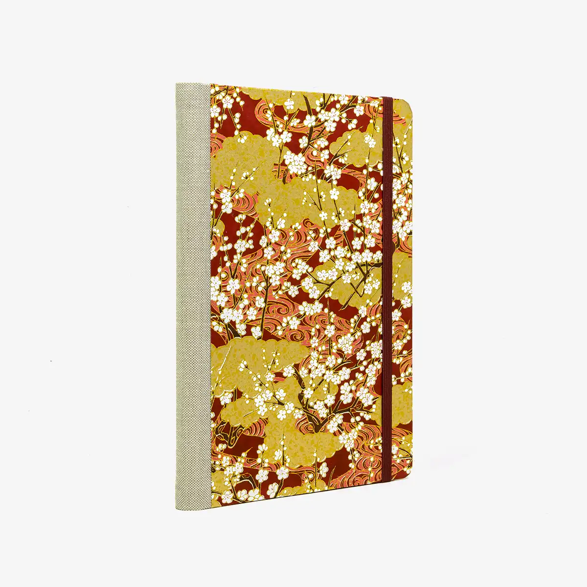 Wochenplaner-Format-A5-cover-Chiyogami-papier-Motiv-Sakura-ueber-goldenen-Wolken-cover-seitlich-von-hinten
