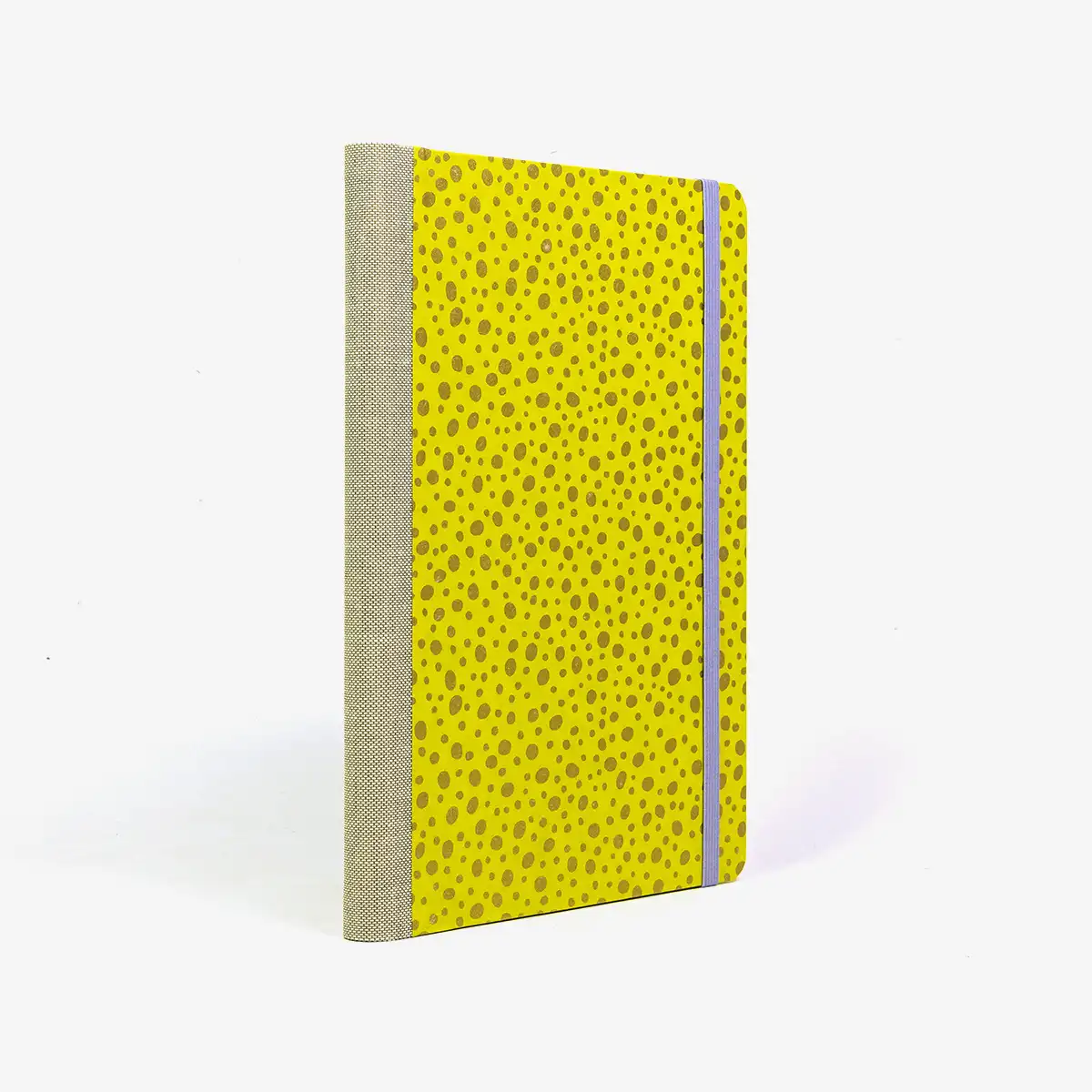 Wochenplaner-Format-A5-cover-Chiyogami-papier-Motiv-golden-Polkadots-auf-auf-neongruengelb-cover-seitlich-von-hinten