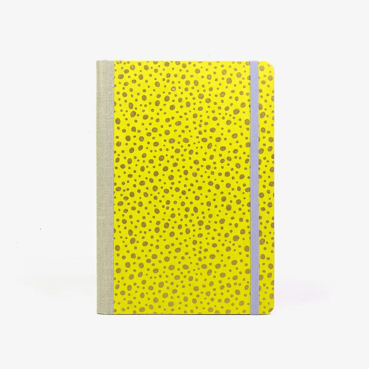 Wochenplaner-Format-A5-cover-Chiyogami-papier-Motiv-golden-Polkadots-auf-auf-neongruengelb-cover-von-vorn