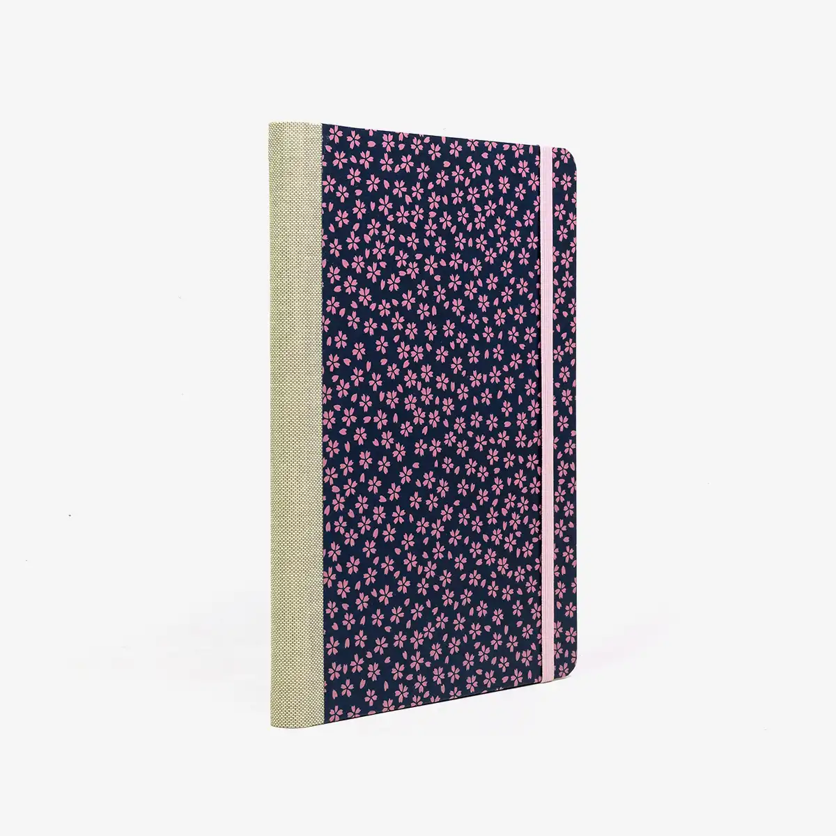 Wochenplaner-Format-A5-cover-Urushi-Lackpapier-Motiv-kleine-blumen-pink-auf-dunkelblau-cover-seitlich-von-hinten