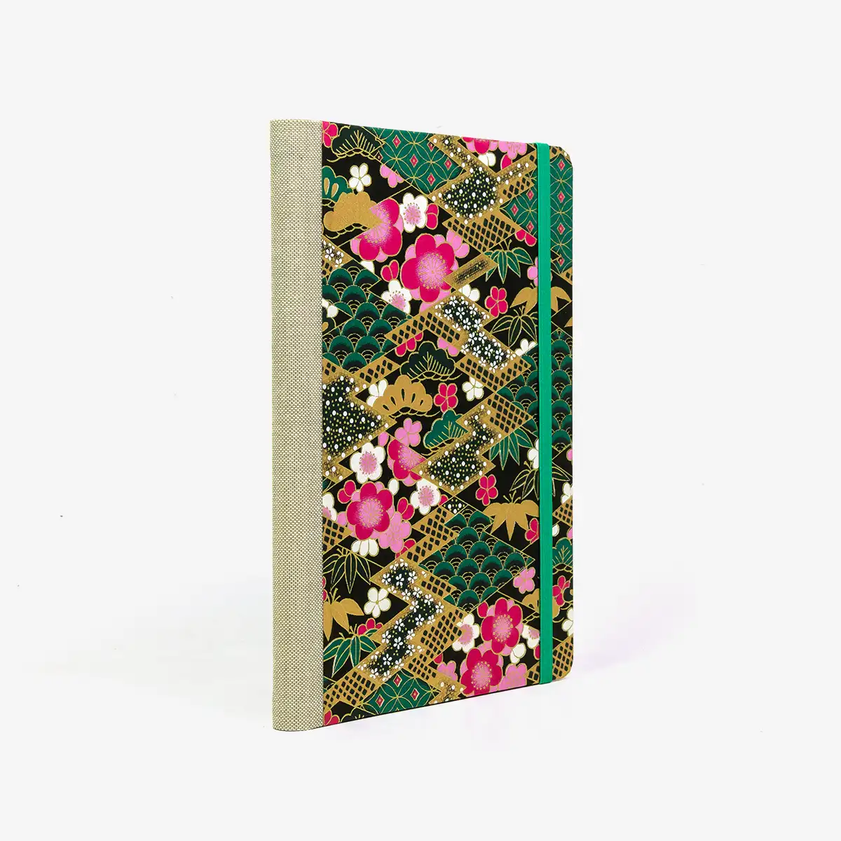 Wochenplaner-Format-A5-cover-chiyogamipapier-Motiv-Bogen-924C-Rauten-gruen-cover-seitlich-von-hinten