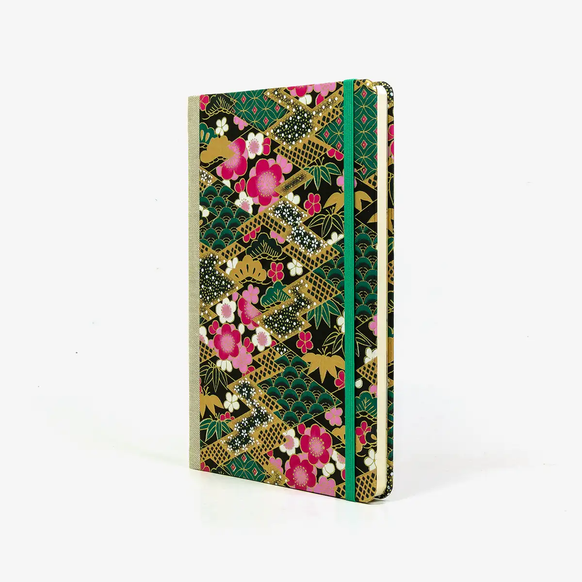 Wochenplaner-Format-A5-cover-chiyogamipapier-Motiv-Bogen-924C-Rauten-gruen-cover-seitlich-von-vorn