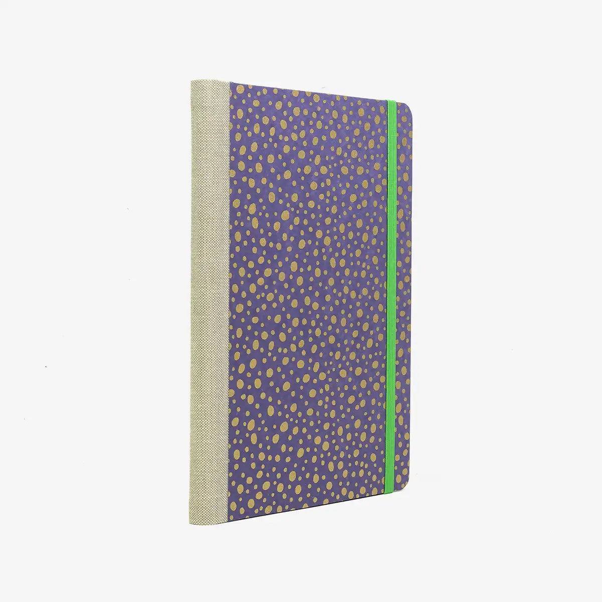 Wochenplaner-Format-A5-cover-chiyogamipapier-Motiv-Polka-Dots-gold-auf-lila-cover-seitlich-von-hinten
