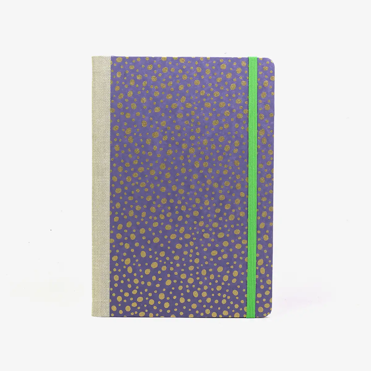 Wochenplaner-Format-A5-cover-chiyogamipapier-Motiv-Polka-Dots-gold-auf-lila-cover-von-vorn