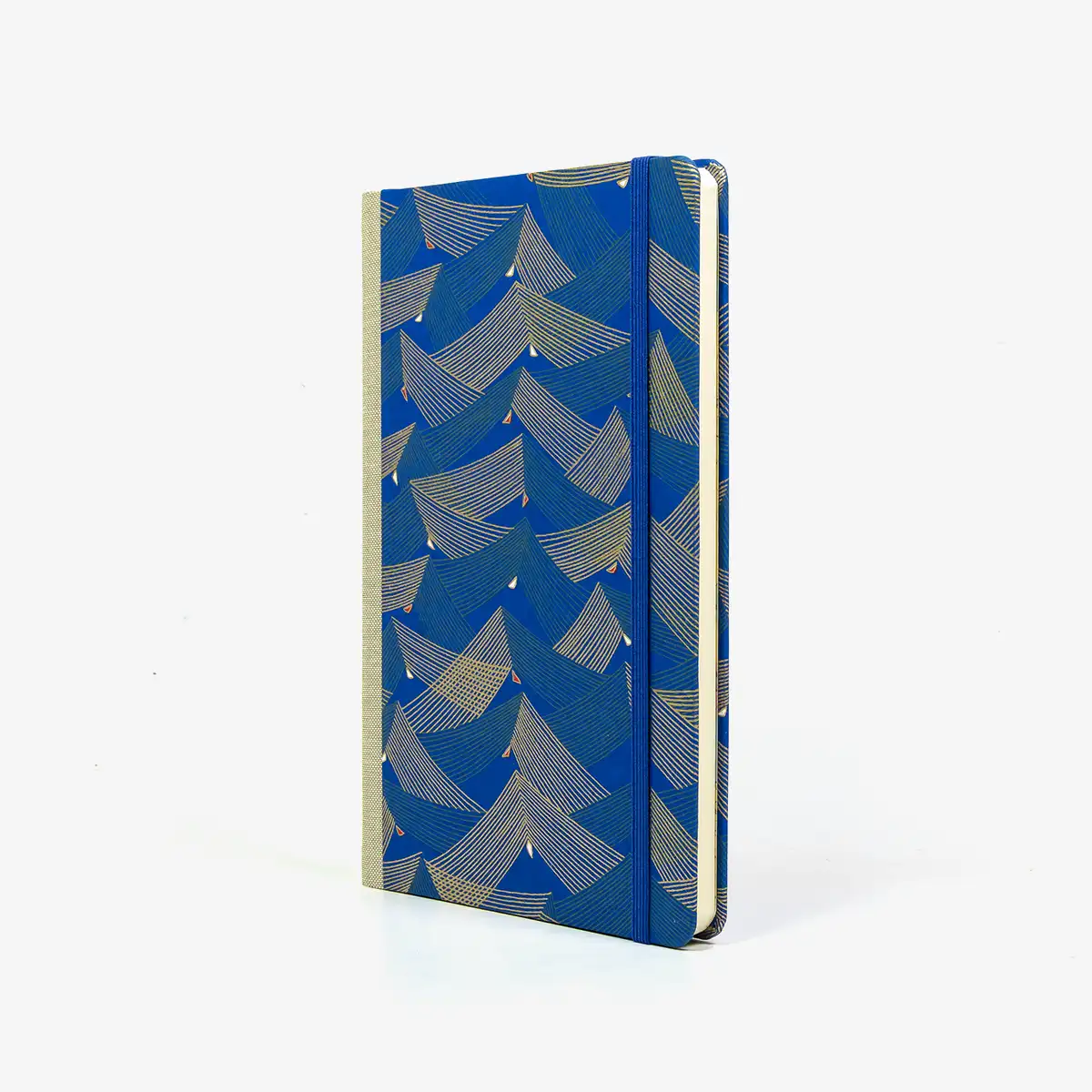 Wochenplaner-Format-A5-cover-chiyogamipapier-Motiv-Saitenspiel-blau-cover-seitlich-von-vorn