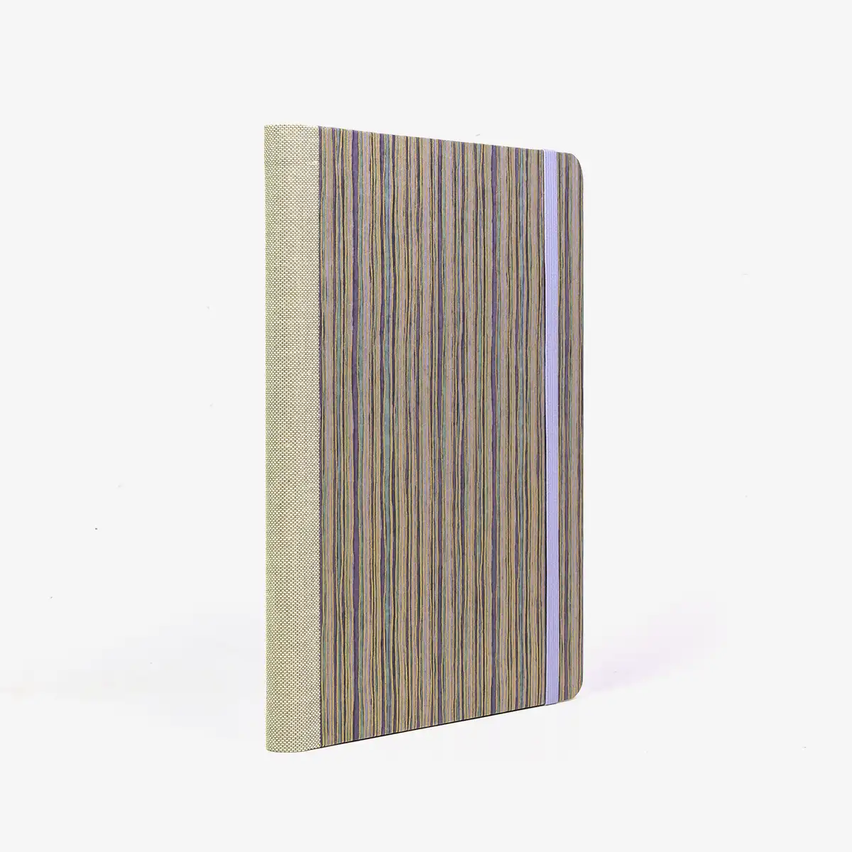 Wochenplaner-Format-A5-cover-chiyogamipapier-Motiv-Streifen-gold-flieder-cover-seitlich-von-hinten