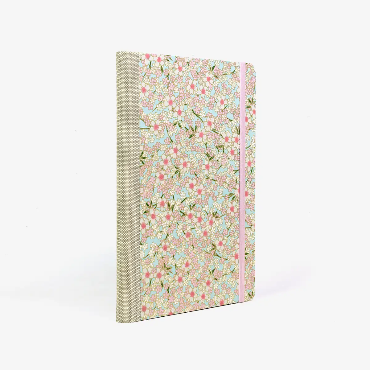 Wochenplaner-Format-A5-cover-chiyogamipapier-Motiv-blumenwiese-rosa-auf-hellblau-cover-seitlich-von-hinten