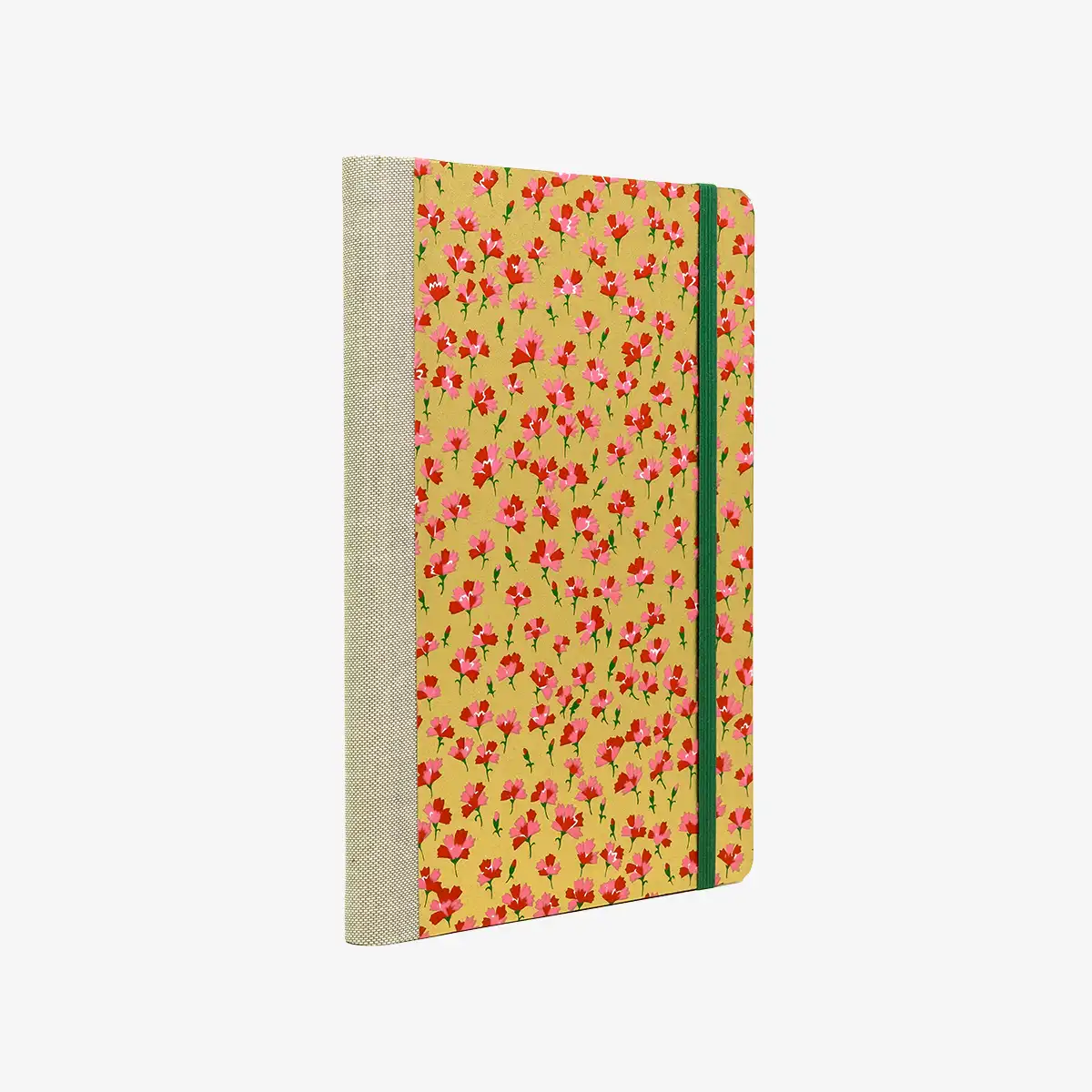 Wochenplaner-Format-A5-cover-chiyogamipapier-Motiv-kleine-blumen-auf-Gold-cover-seitlich-von-hinten
