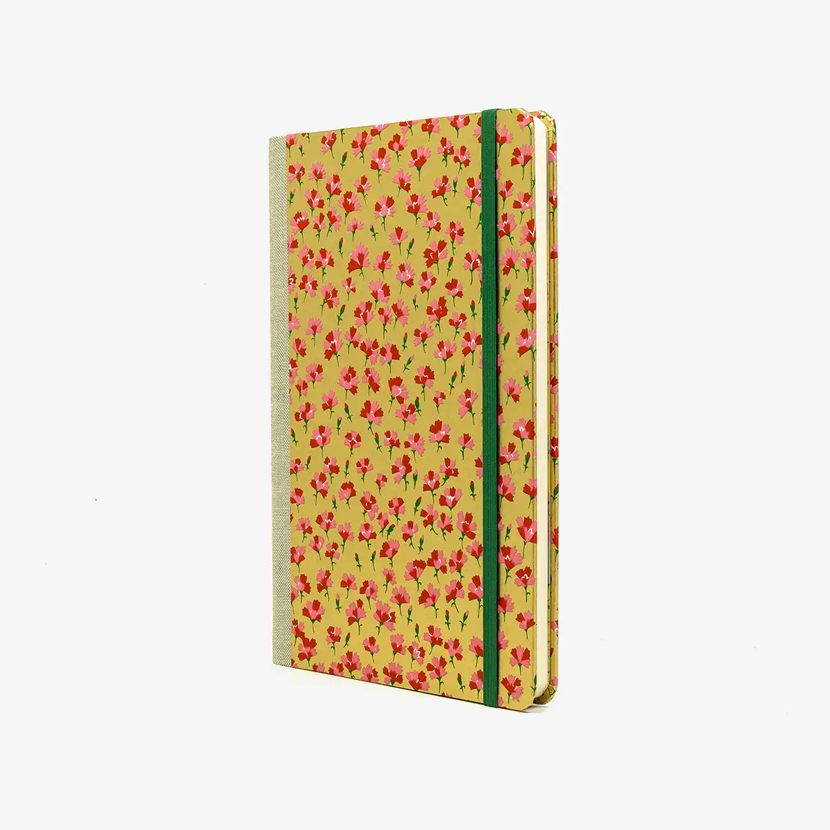 Wochenplaner-Format-A5-cover-chiyogamipapier-Motiv-kleine-blumen-auf-Gold-cover-seitlich-von-vorn
