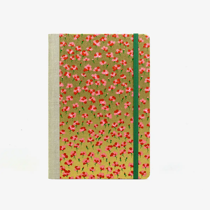 Wochenplaner-Format-A5-cover-chiyogamipapier-Motiv-kleine-blumen-auf-Gold-cover-von-vorn