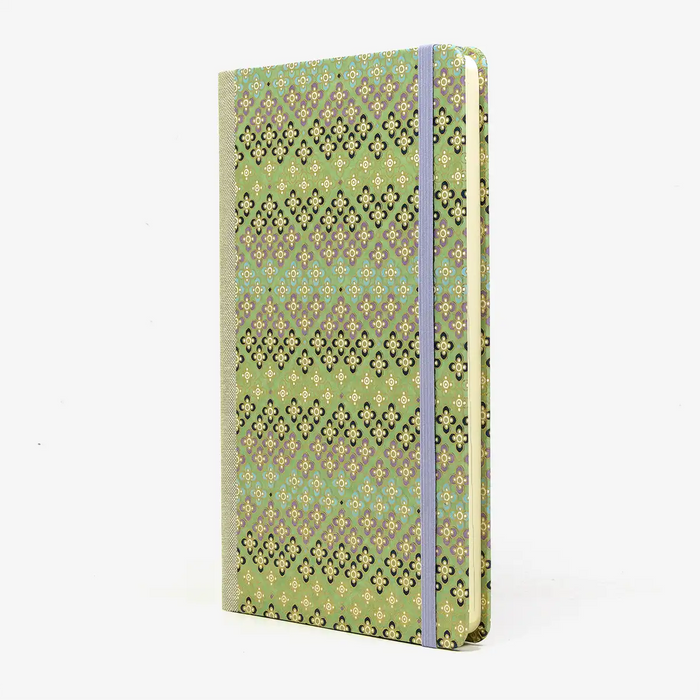 Wochenplaner-Format-A5small-cover-Chiyogami-papier-Motiv-Bogen-1037C-Bluetenpattern1-gruen-cover-seitlich-von-vorn