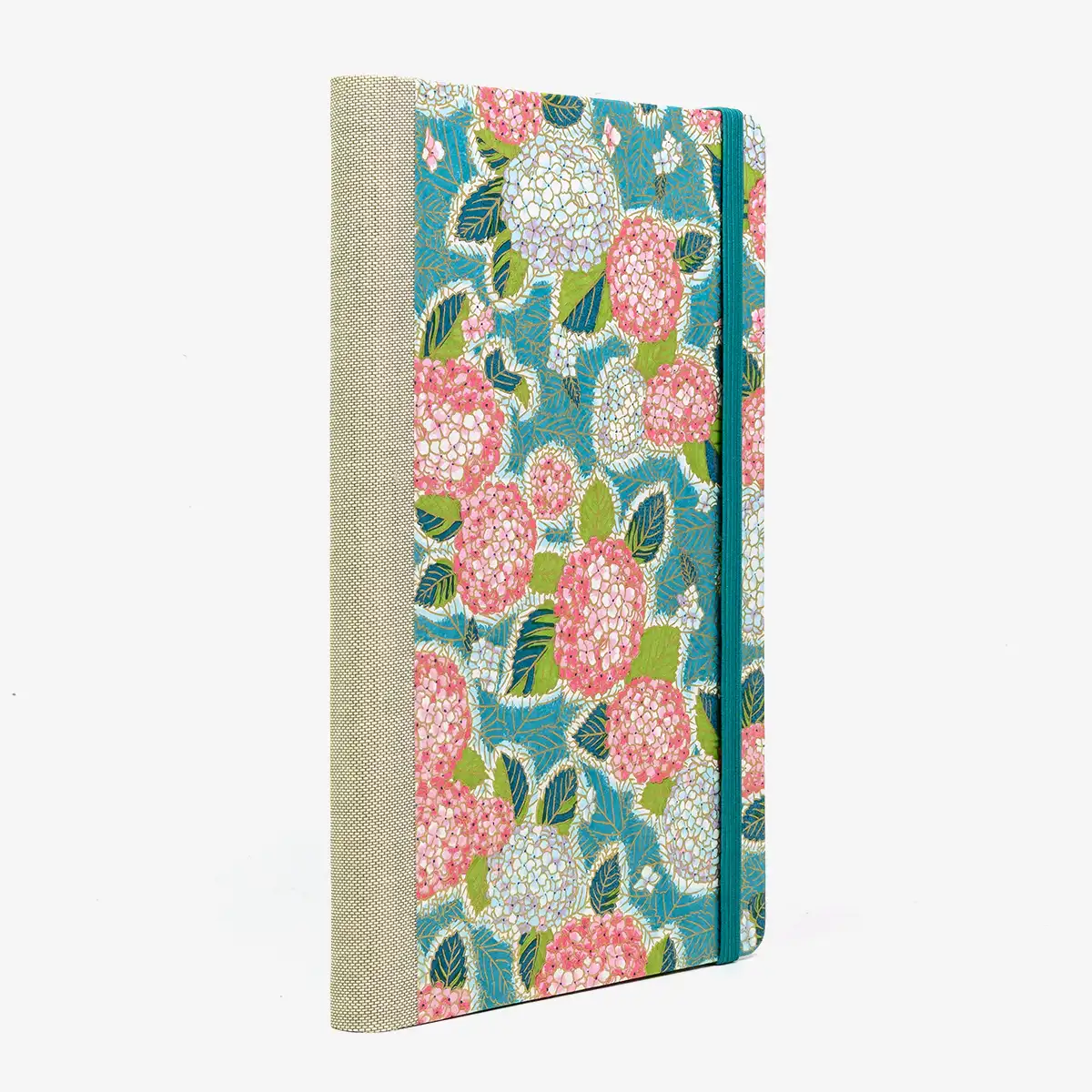 Wochenplaner-Format-A5small-cover-Chiyogami-papier-Motiv-Hortensien-Pink-auf-Petrol-cover-seitlich-von-hinten