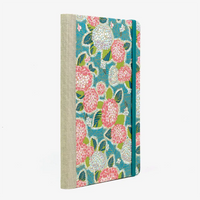 Wochenplaner-Format-A5small-cover-Chiyogami-papier-Motiv-Hortensien-Pink-auf-Petrol-cover-seitlich-von-hinten