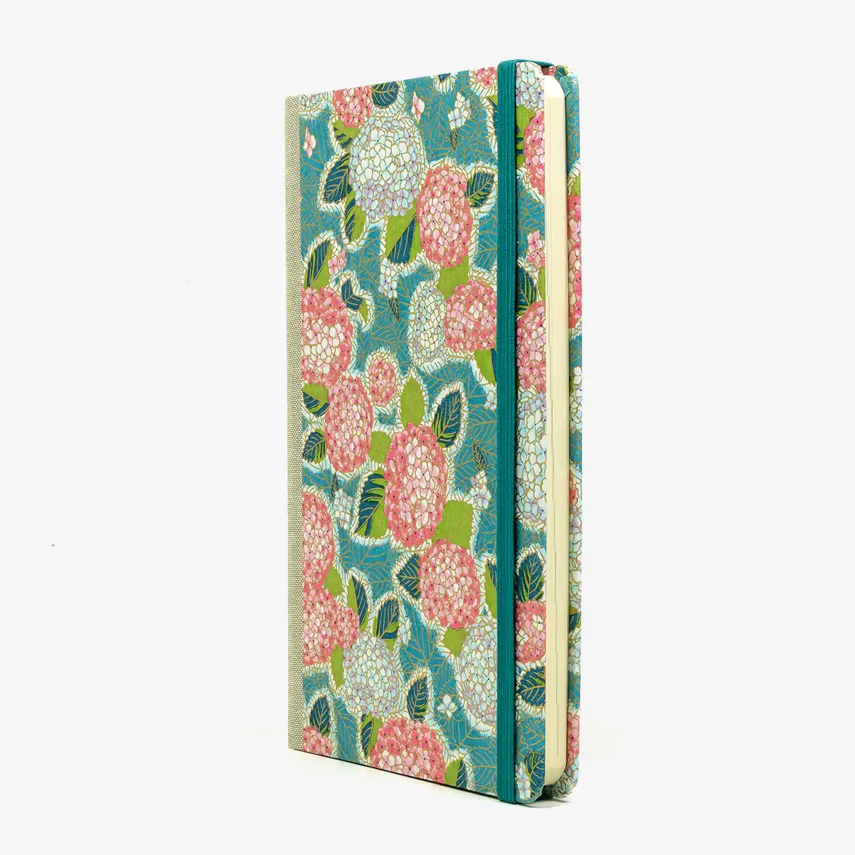 Wochenplaner-Format-A5small-cover-Chiyogami-papier-Motiv-Hortensien-Pink-auf-Petrol-cover-seitlich-von-vorn