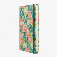 Wochenplaner-Format-A5small-cover-Chiyogami-papier-Motiv-Hortensien-Pink-auf-Petrol-cover-seitlich-von-vorn