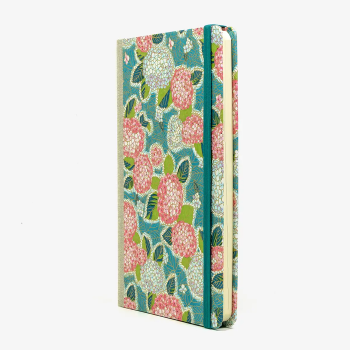 Wochenplaner-Format-A5small-cover-Chiyogami-papier-Motiv-Hortensien-Pink-auf-Petrol-cover-seitlich-von-vorn