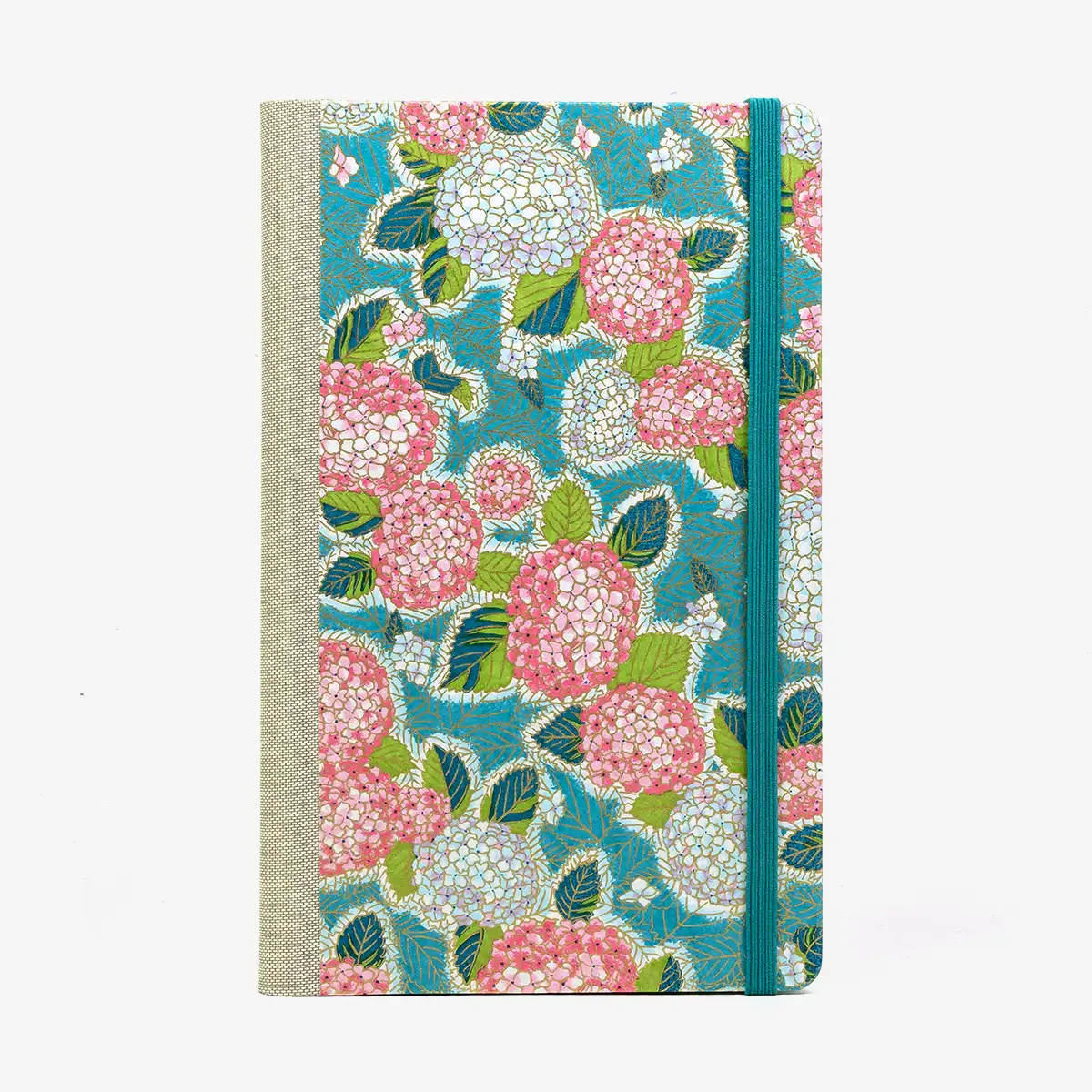Wochenplaner-Format-A5small-cover-Chiyogami-papier-Motiv-Hortensien-Pink-auf-Petrol-cover-von-vorn