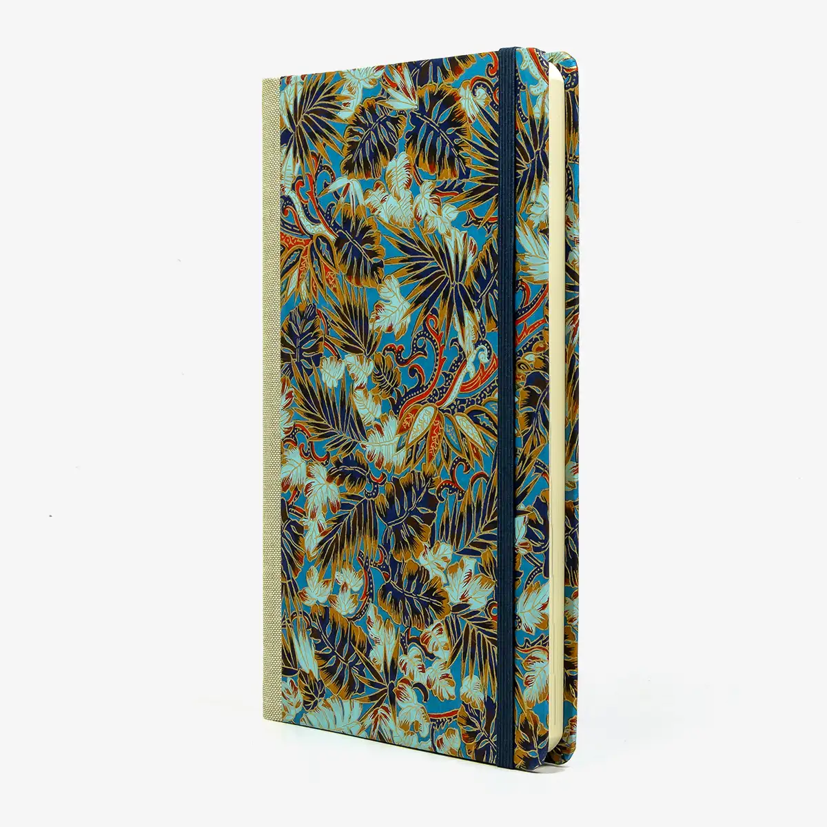 Wochenplaner-Format-A5small-cover-Chiyogami-papier-Motiv-MONSTERA-bLAU-seitlich-von-VORN