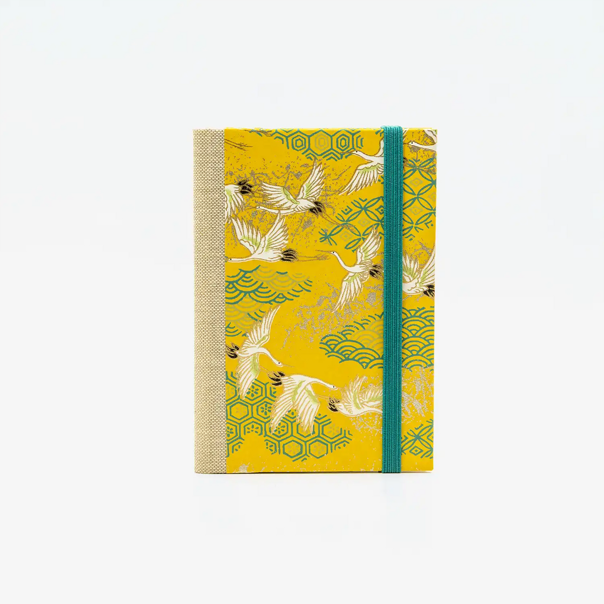 Wochenplaner-klein-9x13cm-mit-chiyogami-bezogen-muster-weise-Kraniche-auf-gelb-cover-von-vorn